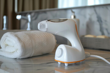 A compact handheld steamer with quick heat-up, eliminating wrinkles with ease. - obrazy, fototapety, plakaty