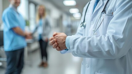 Two Doctors Shaking Hands in a Hospital Hallway. Generative AI