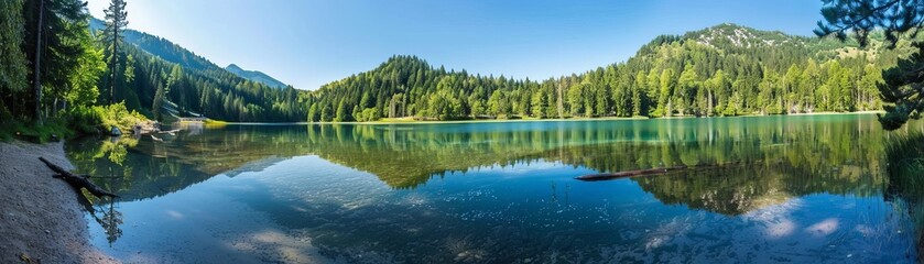 Wideangle shot of a secluded lake with crystalclear waters, providing a peaceful and pristine setting ideal for tranquil nature ads