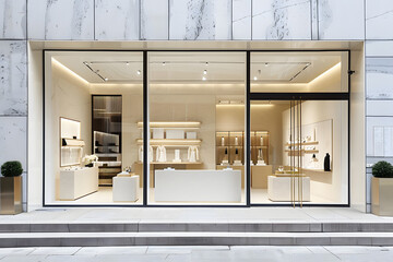 High-end retail store front with a minimalist design, large windows, and sophisticated displays
