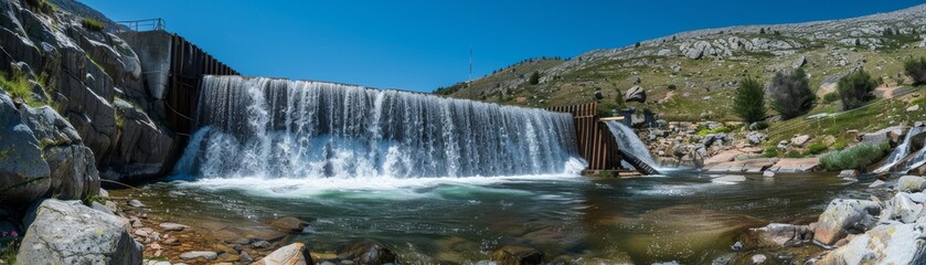 Wideangle photo of a natural waterfall with a small turbine installation, showcasing the cool blue waters and ingenious engineering