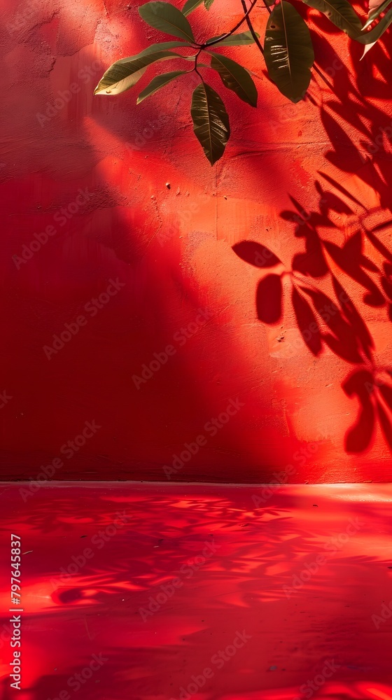 Poster red abstract background, empty space for product display, with light and shadow
