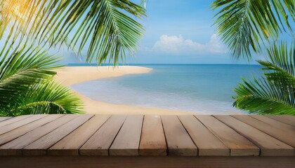 wooden table with tropical beach of summer background
