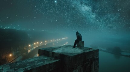 A person sitting on a ledge looking at the stars, AI