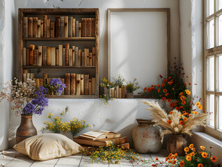 Vintage Charm: White Frame Mockup Surrounded by Books and Wildflowers