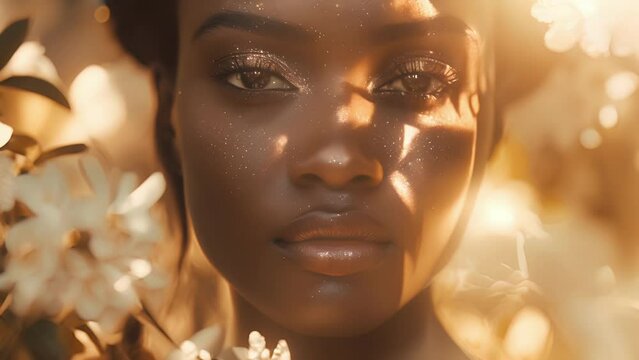 Lost in the beauty of an ebony enchanted garden a stunning black woman is captured in this portrait her golden skin glowing in the warm light. With a dreamlike quality she becomes .