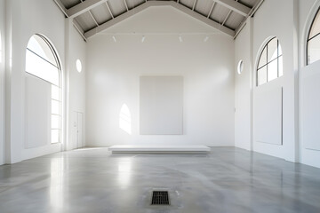 Minimalist art gallery space with high ceilings, white walls, and a single striking art installation centering the room