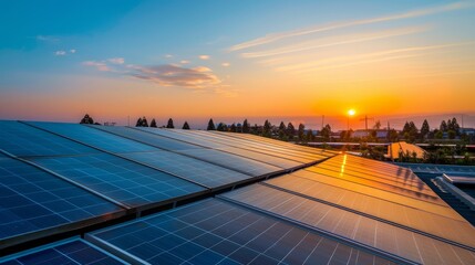 Wideangle advertising image of a rooftop covered in silver solar panels, captured during golden hour to emphasize the theme of sustainability and modern technology