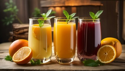 Fototapeta premium Sip of Summer: Fresh Fruit Juice Trio on Rustic Background