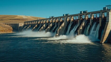 Robust dam and hydroelectric station captured against deep blue waters, emphasizing strength and power in an advertising shoot