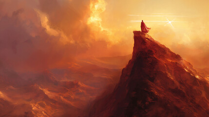 A person wearing a red cape is standing on a mountaintop. The sun is setting behind them.

