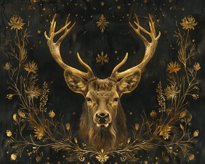 Impressive luxury art piece featuring a deer in golden line art, its delicate antlers intertwined with woodland flora, set against a lavish background