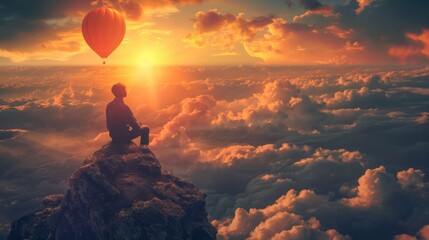 A man sitting on top of a mountain with an orange balloon, AI