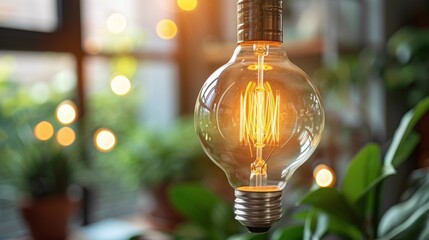 A light bulb hanging from a ceiling in front of plants, AI