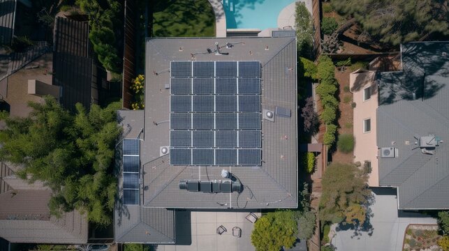 Professional advertising photo of a newly installed solar panel system on a residential rooftop, showcasing the sleek silver design and sustainable technology