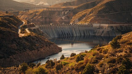Powerful dam and hydroelectric station framed by the earthy browns of the rugged landscape, captured in a dramatic advertising shoot