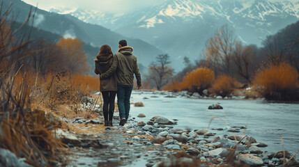 A loving couple is walking along the bank of a mountain - Powered by Adobe
