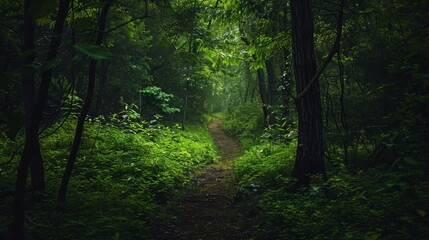 Path winding through a secluded forest, the deep greens of the surrounding foliage enhancing the mysterious and secretive atmosphere
