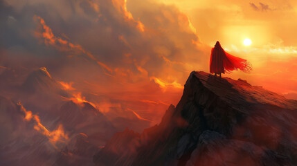 A person wearing a red cape is standing on a mountaintop. The sun is setting behind them.

