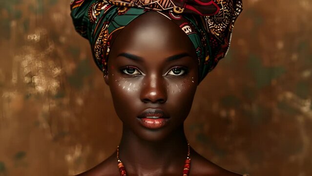 A portrait of a regal black woman adorned in a oneofakind handmade headwrap a symbol of cultural pride and a celebration of the beauty and uniqueness of bespoke fashion. .