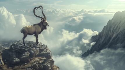 A mountain goat stands on a rocky peak above the clouds.


