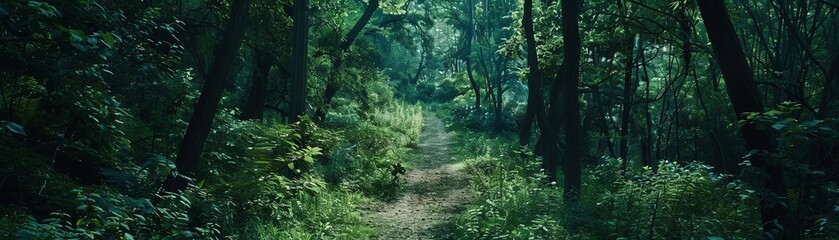 Fototapeta premium Mysterious secluded forest captured in deep greens, the dense foliage and shadowed paths creating an enigmatic allure in this advertising shoot