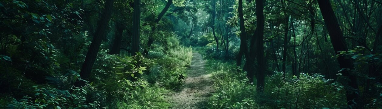 Mysterious secluded forest captured in deep greens, the dense foliage and shadowed paths creating an enigmatic allure in this advertising shoot