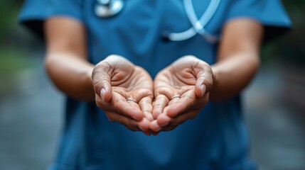 Healthcare Professional in Scrubs Holding Out Hands. Generative AI