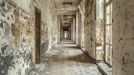 Long, deserted hallway of an empty building, the faded whites of the walls and floor reflecting the abandonment and timeworn decay