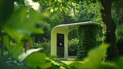Innovative solarpowered electric charging station set against vibrant green foliage, highlighting ecoinnovation in an advertising shoot