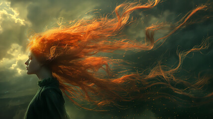 Create a portrait of a legendary person whose hair has magical powers. and mystery ,cyfile,fiber