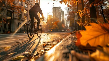 A man on a bike rides down a city street lined with tall buildings, with autumn leaves swirling...