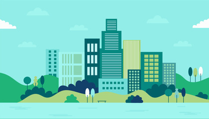 Simple, minimal geometric flat style vector illustration depicting a city landscape with buildings, hills, and trees. Ideal as an abstract horizontal banner or background. © Maksum