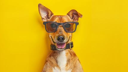 Cute happy dog with glasses and copy space