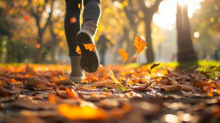 A person walking through an urban park, kicking up fallen leaves as they stroll