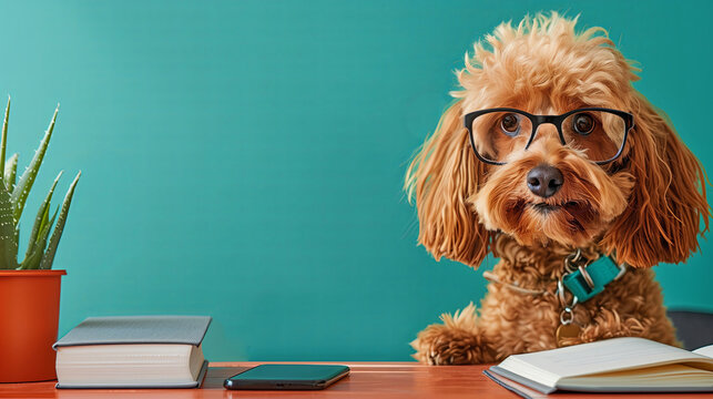 Cute dog at the desk with copy space