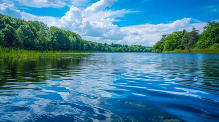 Gentle ripples on the surface of a secluded lake, the vibrant blues reflecting the sky and creating a perfectly serene setting for relaxation