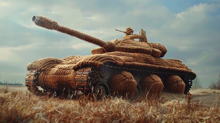 Naklejka premium A tank covered in a large amount of rope is sitting on top of the grass, AI