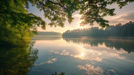 Fototapeta premium Gentle morning light over a peaceful, secluded lake, the crystalclear waters enhancing the calm and inviting atmosphere