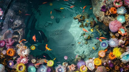Fototapeta na wymiar Colorful fish swimming in a group around a vibrant coral reef in a tide pool filled with marine life