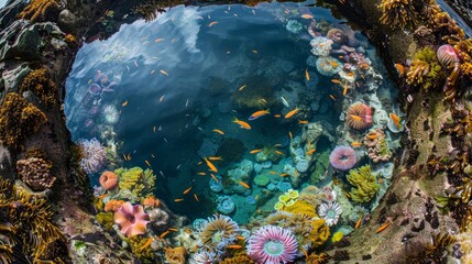 A high-angle view of a fish pond surrounded by colorful corals and various marine creatures, including fish, creating a lively and dynamic underwater scene