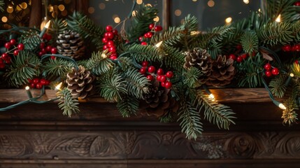 A holiday garland adorned with evergreen branches, pine cones, and red berries for festive decoration