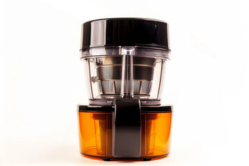 A compact juicer with a transparent pulp container and a built-in safety lock system isolated on a solid white background.