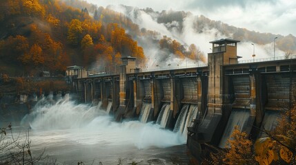 Dynamic advertising image of a powerful dam and hydroelectric station, integrated perfectly with the earthy browns of its natural setting