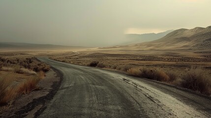 Dramatic advertising shot of an empty road curving through a forsaken landscape, the dull browns and sparse surroundings underscoring the solitude