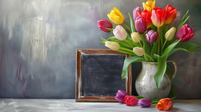 colorful tulips in a Vase with gray background and chalkboard. mother's day