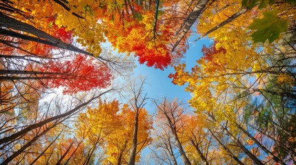 Look upward into a dense forest filled with a multitude of trees showcasing vibrant shades of red and orange foliage in autumn