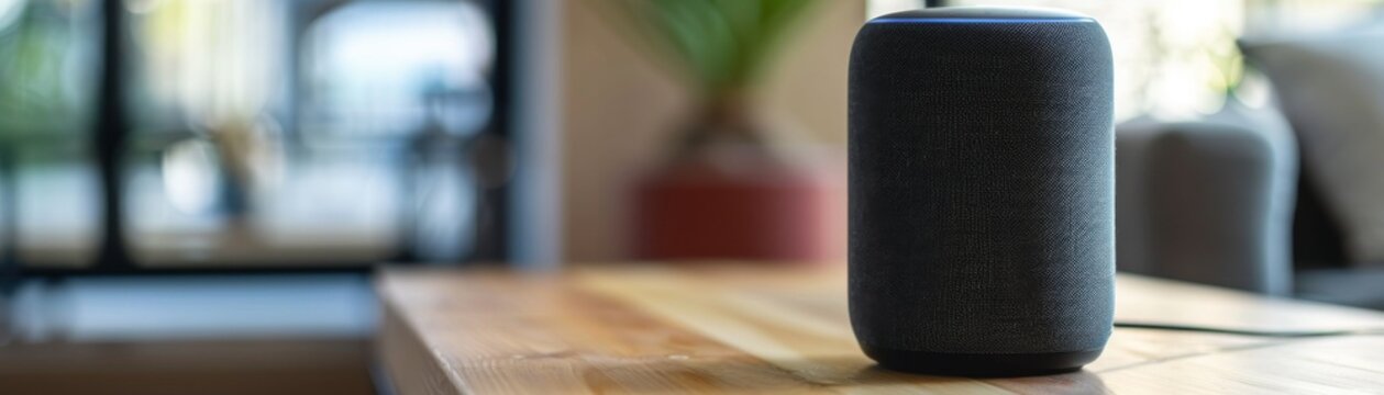 Closeup shot of a sleek black smart speaker, emphasizing its innovative design and hightech features in a contemporary setting