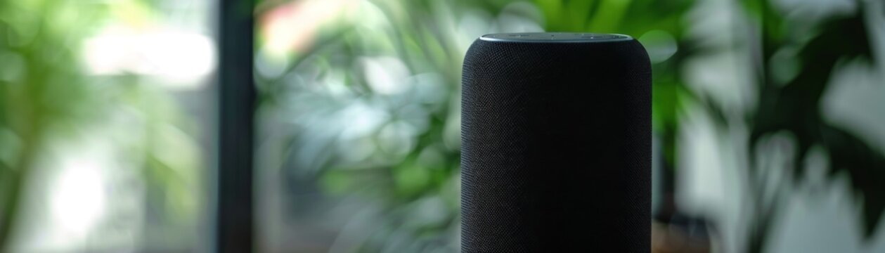 Closeup shot of a sleek black smart speaker, emphasizing its innovative design and hightech features in a contemporary setting