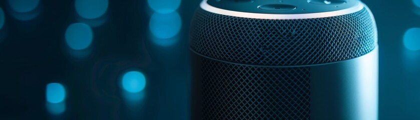 Closeup shot of a metallic silver smart speaker, highlighting its sleek design and modern aesthetic against a hightech background